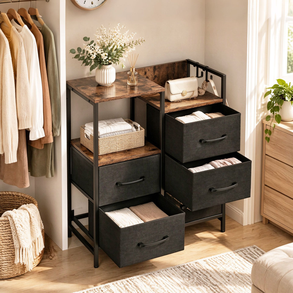 Open Shelves Dresser with 5 Fabric Drawers and 2 Hooks for Bedroom-Rustic Brown