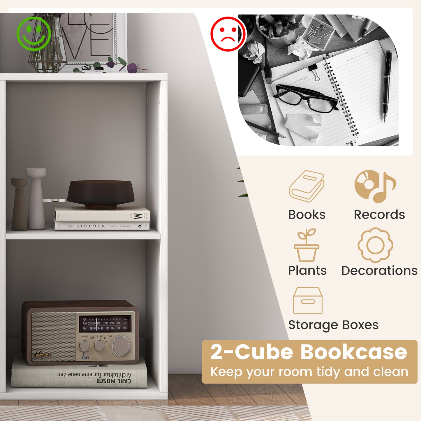 Open Back 2-tier Bookshelf with Anti-toppling Kit-White