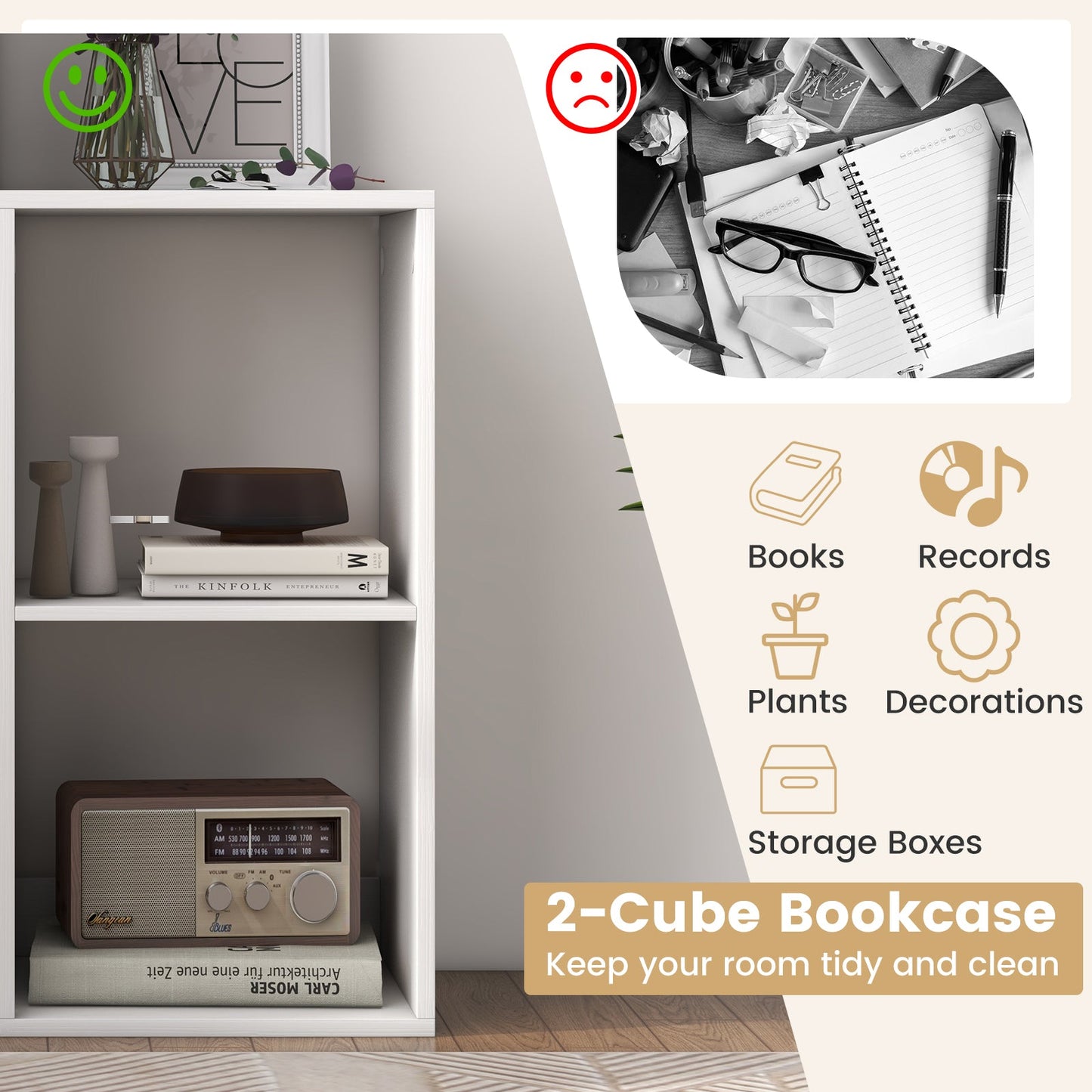 Open Back 2-tier Bookshelf with Anti-toppling Kit-White