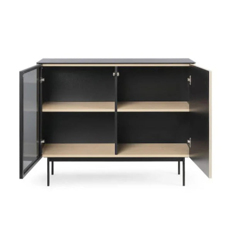 Black cabinet with glass doors on a white background