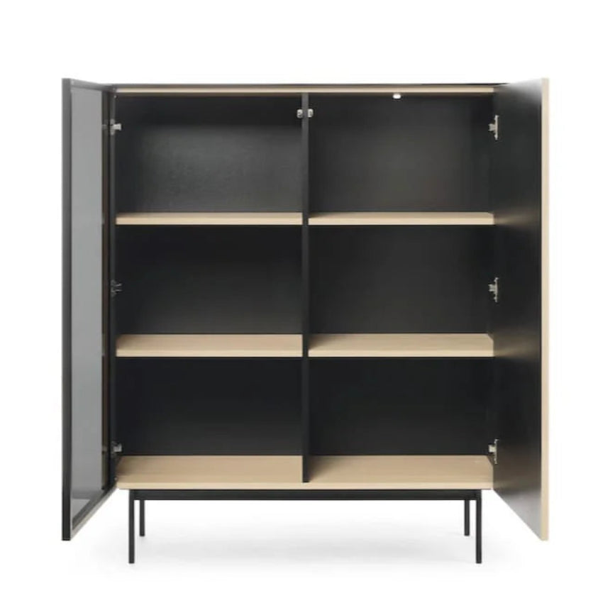 Black cabinet with open doors on a white background