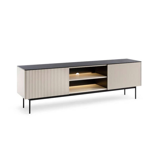 Modern TV stand with black top and white sides on a white background