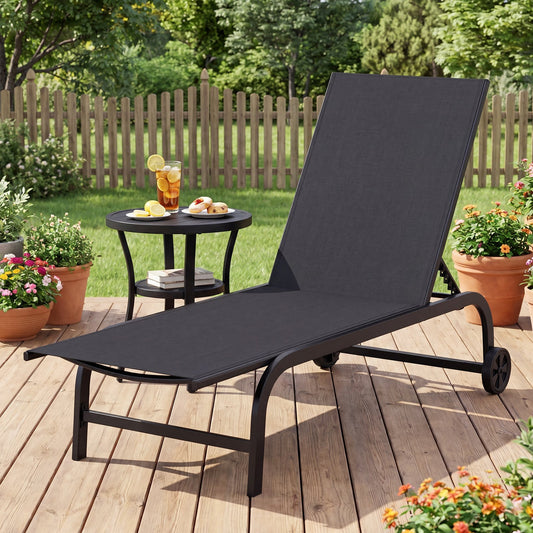 1 Piece Outdoor Chaise Lounge Chair with Wheels for Balcony Deck-Black