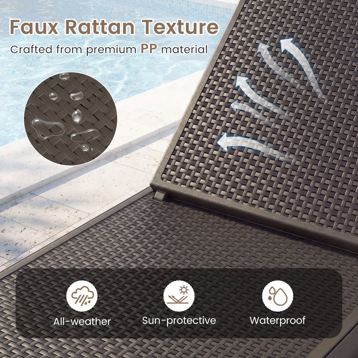 Outdoor Chaise Lounger Chair 4-Position Reclining Chair with Waterproof Rattan Textured PP Surface-Brown