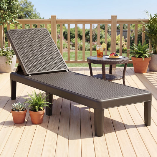 Outdoor Chaise Lounger Chair 4-Position Reclining Chair with Waterproof Rattan Textured PP Surface-Brown