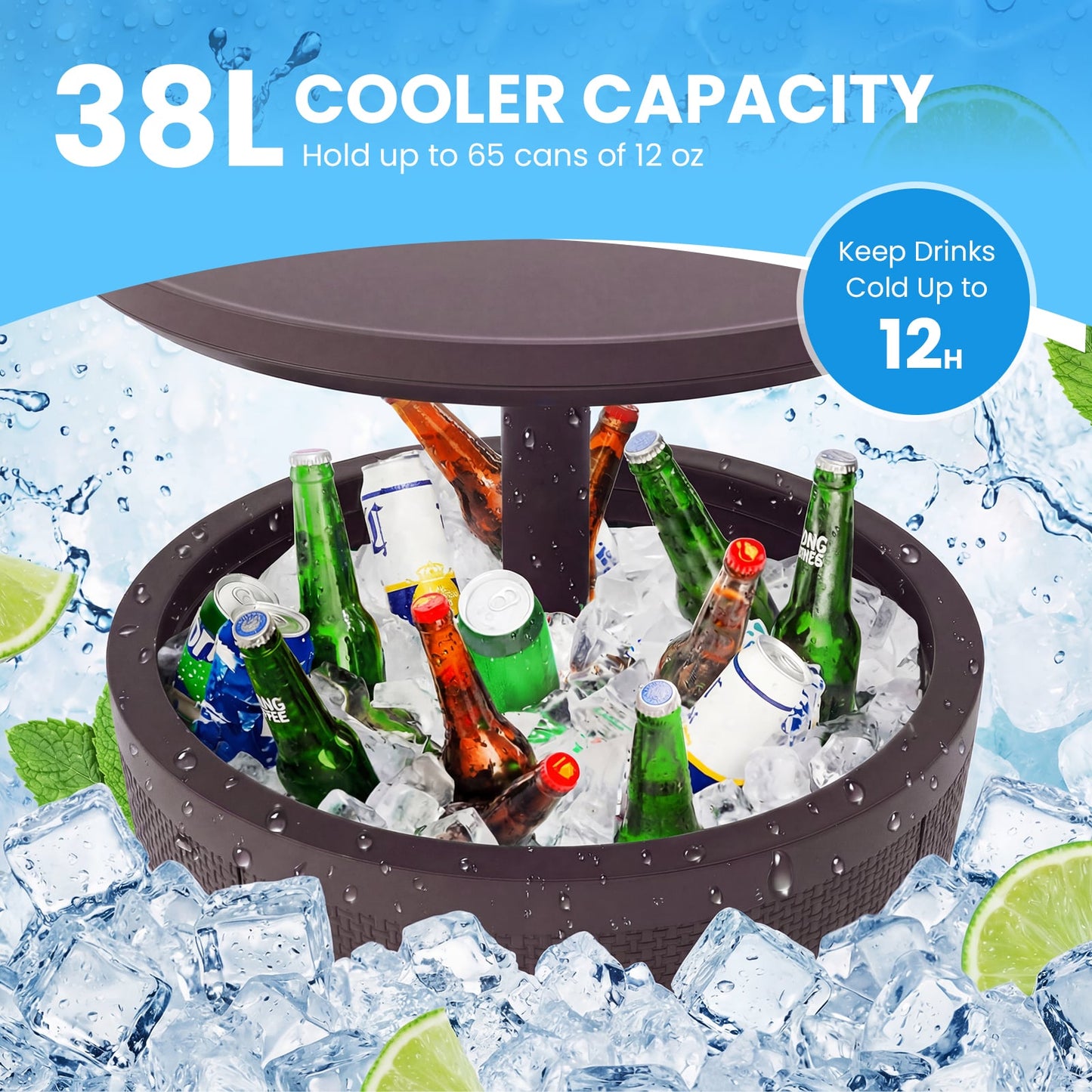 Outdoor Cool Cocktail Bar Table 38L Beer and Wine Cooler with Lift-Top-Brown