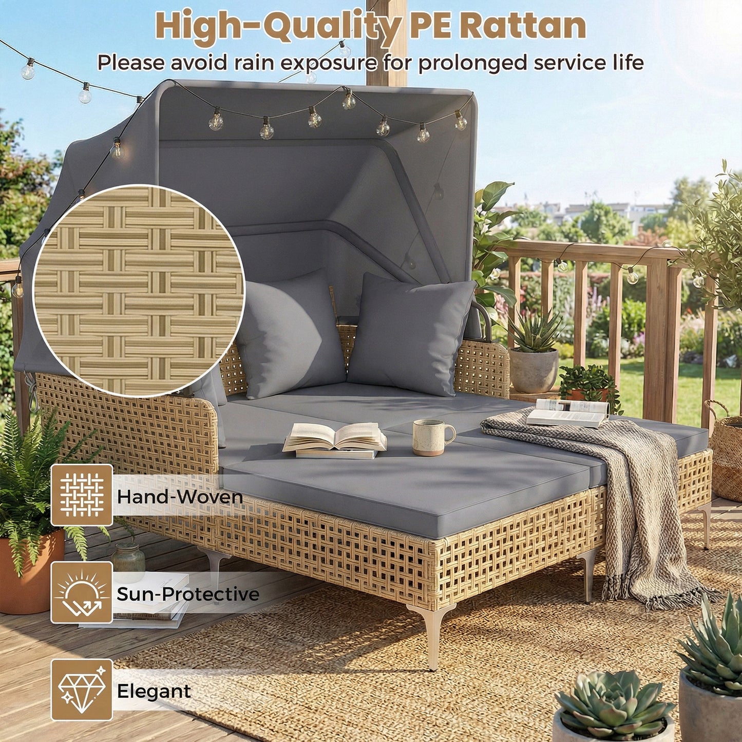 Outdoor Daybed with Retractable Canopy and Soft Pillows-Grey