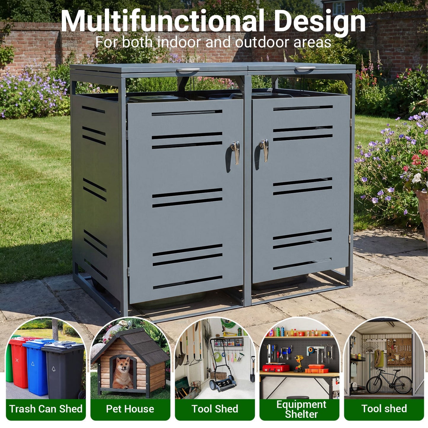 Outdoor Metal Garbage Bin Storage Shed for 2 Trash Cans-Grey