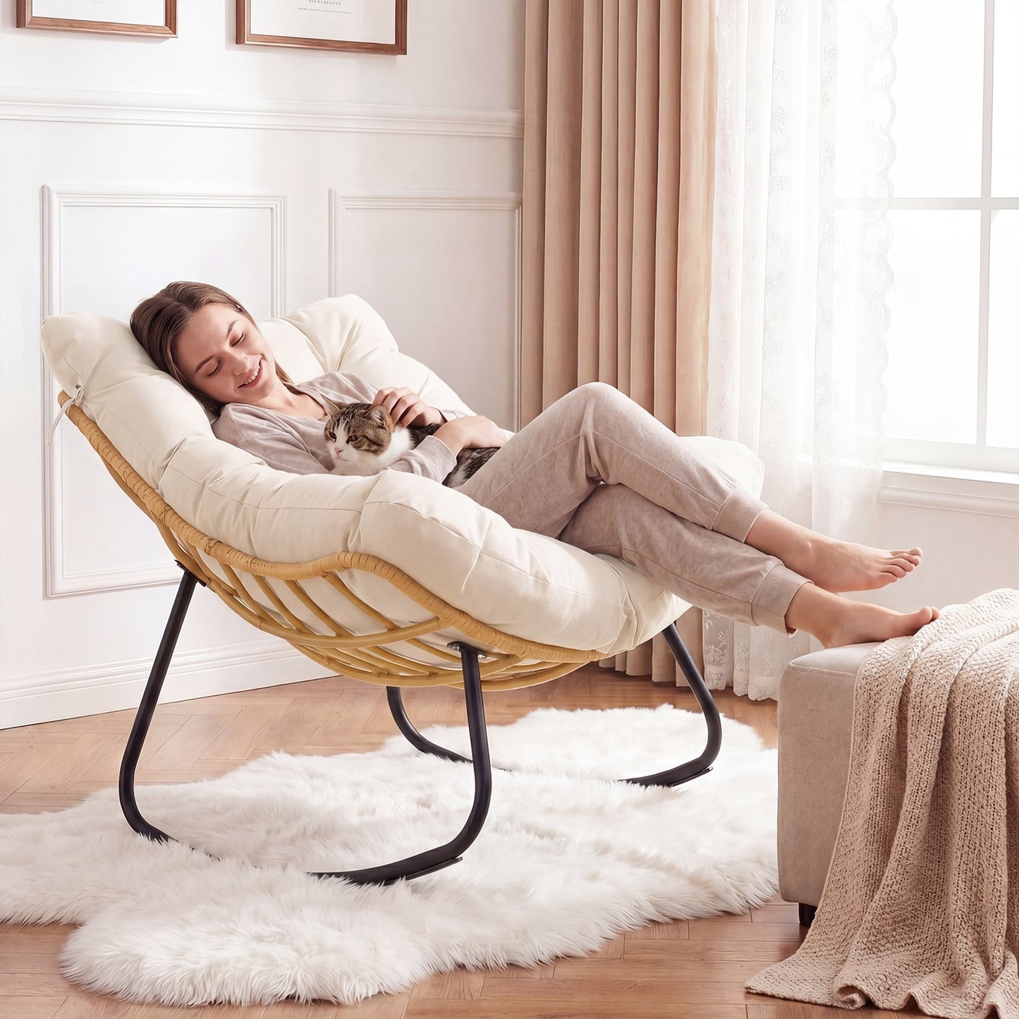 Outdoor Papasan Rocking Chair Oversized PE Wicker Patio Egg Chair with Thick Cushion-White
