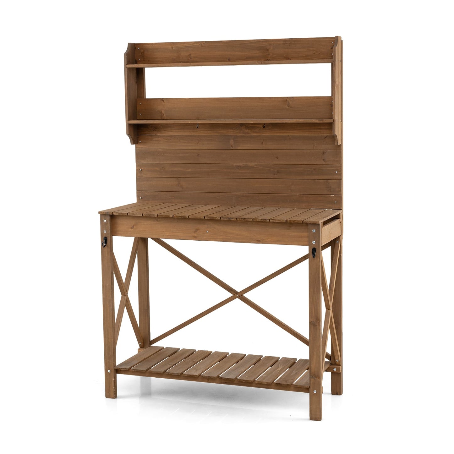Outdoor Potting Bench Table Wooden Garden Workstation with Sliding Tabletop-Brown