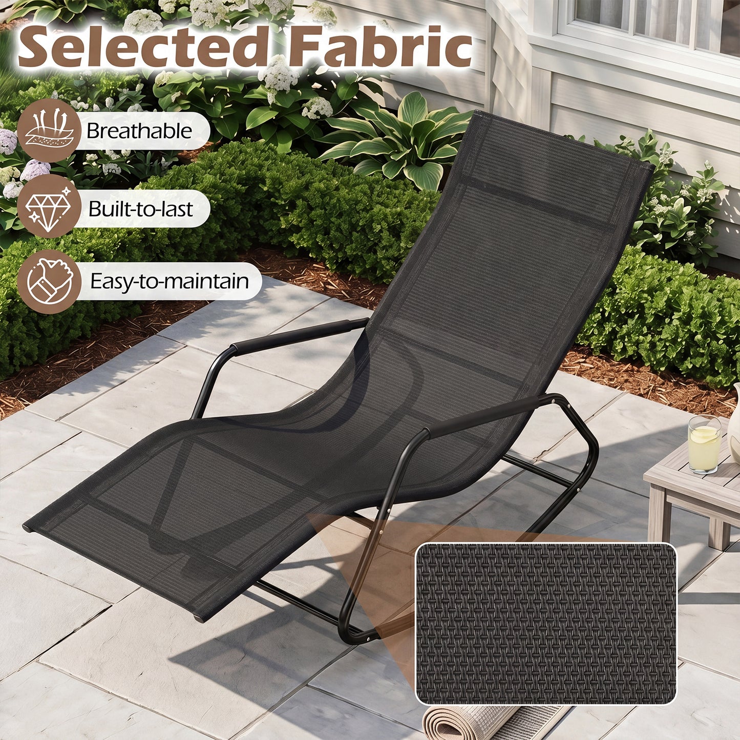Outdoor Rocking Chair and Patio Lounge Chair with Curved Armrests and Back Support Bar for Garden-Black