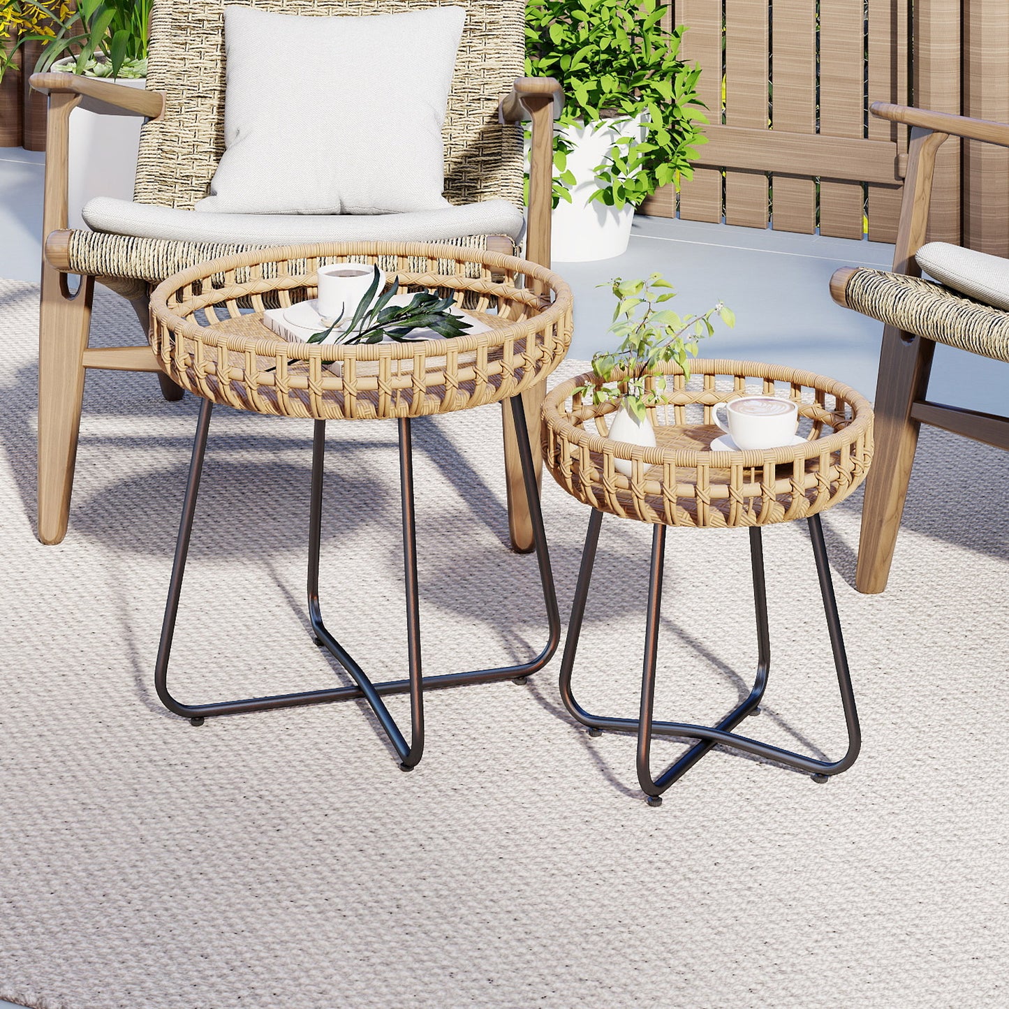 Outdoor Round Side Table Set of 2 in Different Sizes PE Wicker Tables with Sturdy Metal Frames-Brown