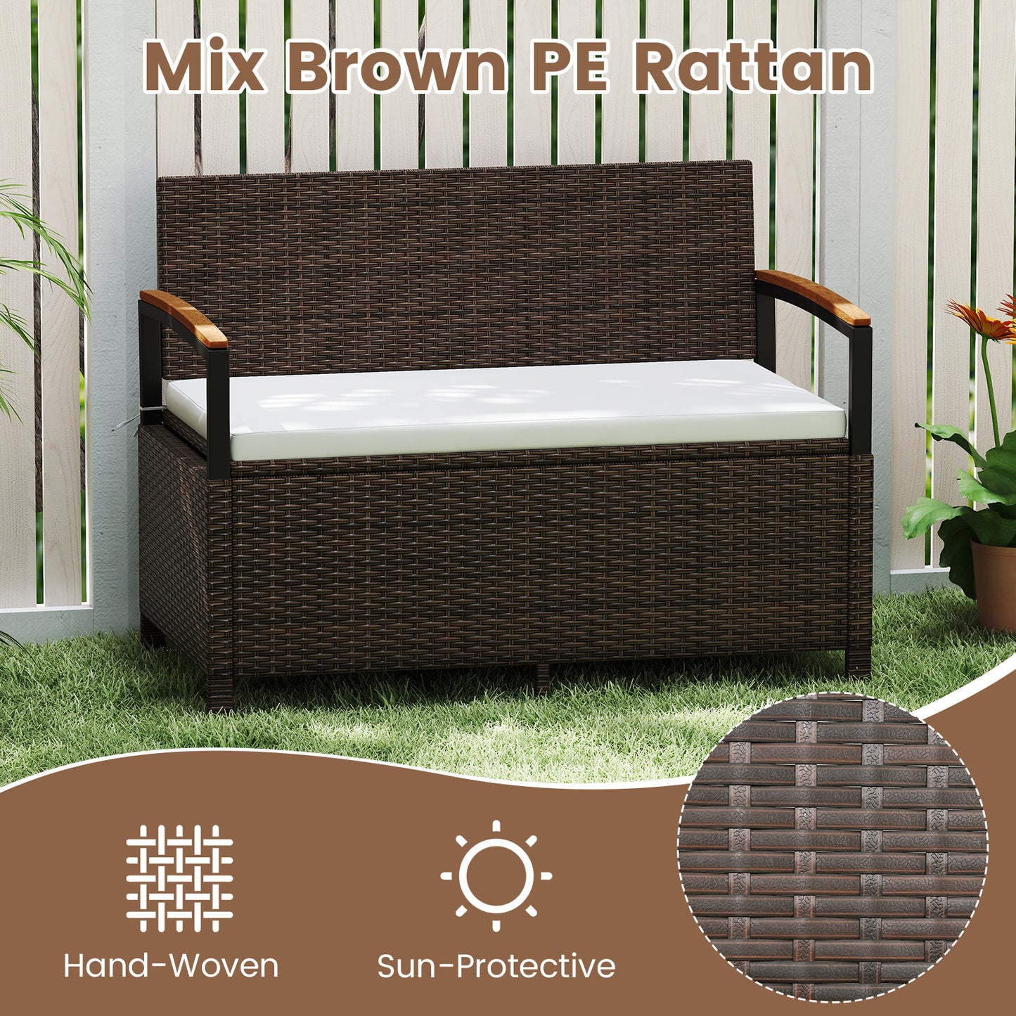 Outdoor Storage Bench with Cushion and Acacia Wood Armrests