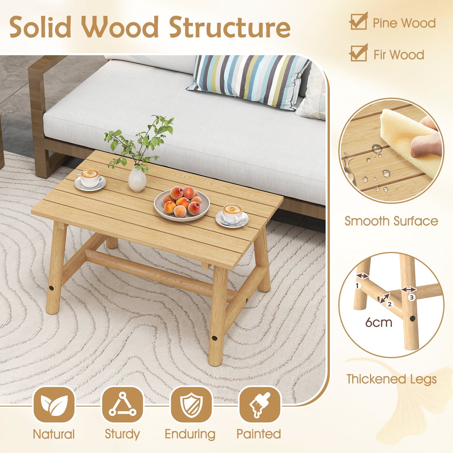 Outdoor Rectangle Coffee Table Solid Wood Patio Table with Slatted Tabletop for Garden Lawn-Natural