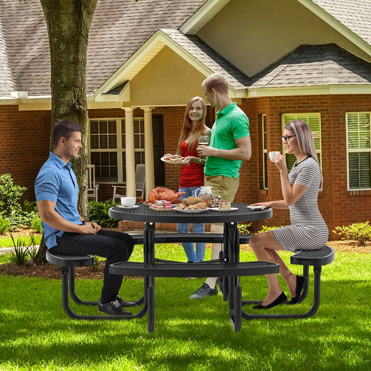 Outdoor Round Picnic Table and Bench Set for 8 with Seats and Umbrella Hole-Black