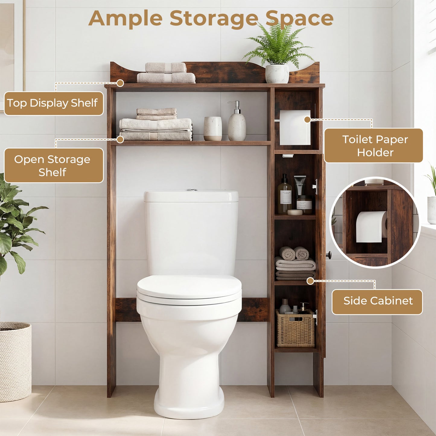 Over Toilet Storage Cabinet with Paper Holder and Removable Shelves for Bathroom-Rustic Brown