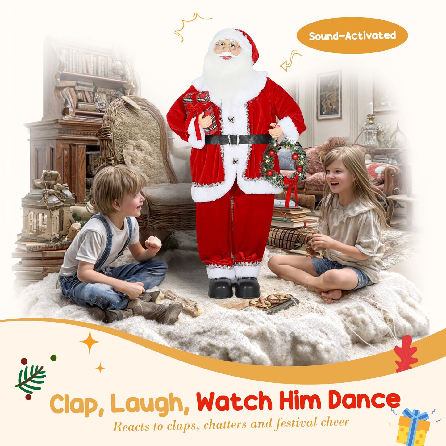 HOMCOM Singing and Dancing Santa Claus with Gift and Wreath