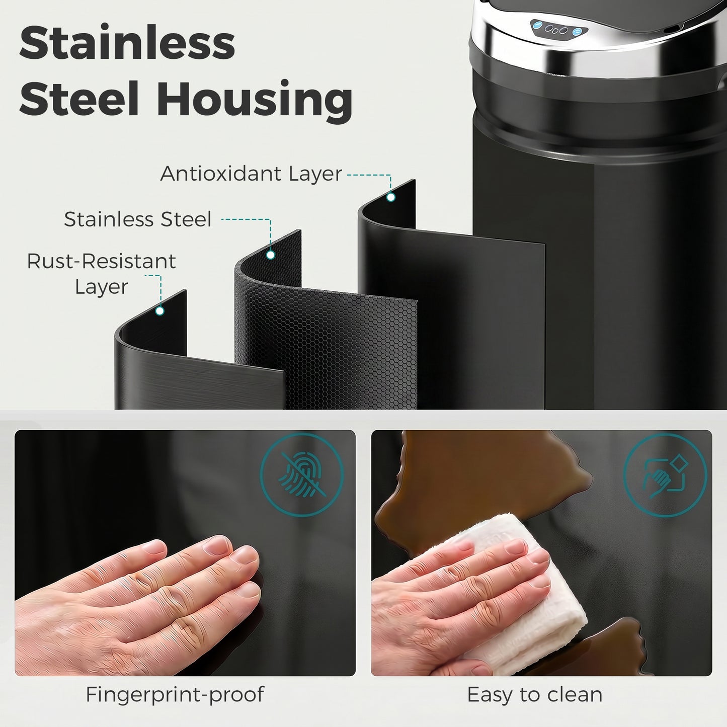 HOMCOM 42L Automatic Motion Sensor Rubbish Bin with Fingerprint Resistant, Stainless Steel, Black