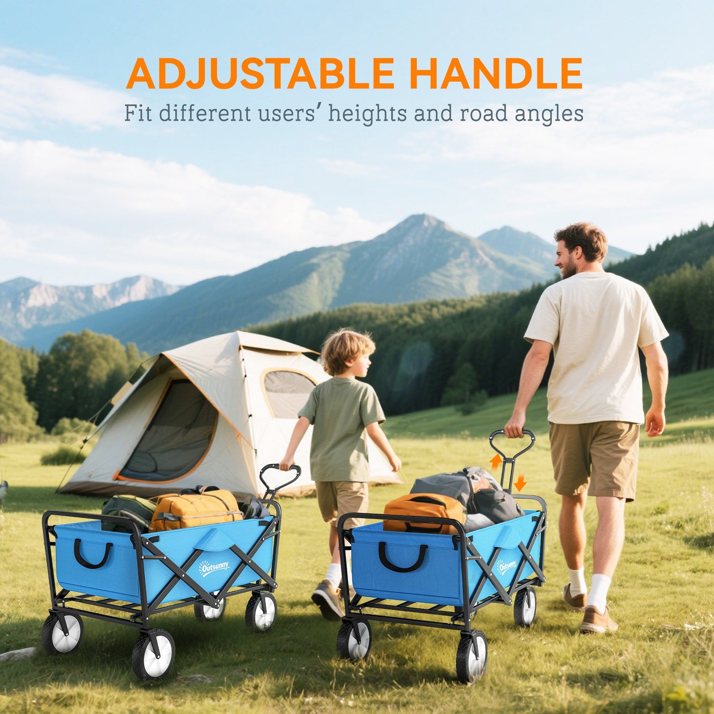 Outsunny 90L Festival Trolley on Wheels, Folding Camping Trolley Cart with Adjustable Handle, Portable for Outdoor, Garden, Shopping, Fishing, Blue