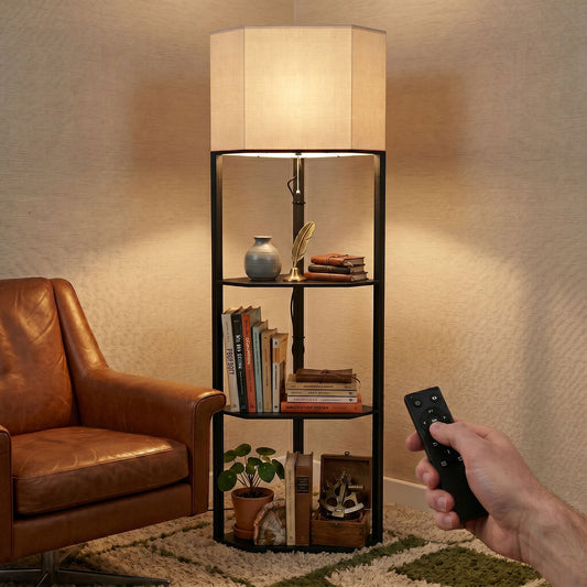 HOMCOM Corner Floor Lamp with Shelves and Lights, Modern Dimmable Standing Lamp with 3000K/4000K/6000K Colour Temperature