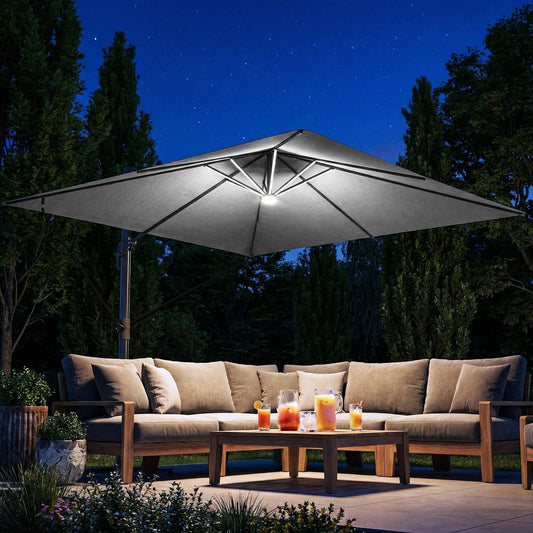 Outsunny 3 x 3 m Garden Cantilever Parasol with Light, Cover, Overhanging Umbrella w/ Wind Protection, 360° Rotation, Light Grey