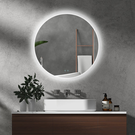 kleankin Round Bathroom Mirror with LED Lights, Wall-Mounted Dimmable Makeup Mirror with 3 Temperature Colours, Defogging Film, Memory Function, Hardwired, 60 x 60Â cm