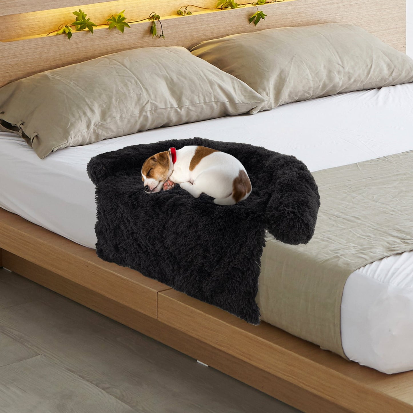 Fluffy Dog Mat Couch Cover Protector with Detachable Washable Cover and Anti-slip Bottom-Black-S