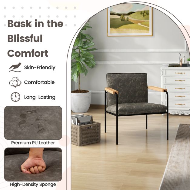 PU Leather Accent Chair with Rubber Wood Armrests-Gray