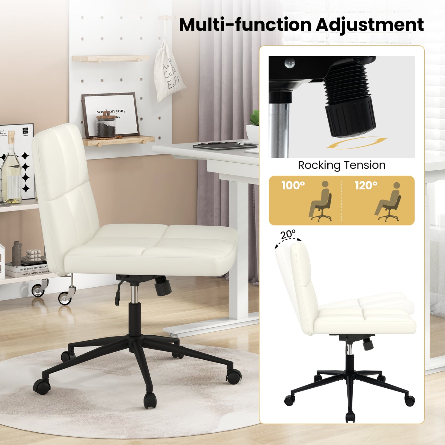PU Leather Upholstered Cross-legged Office Chair with Wheels-Beige