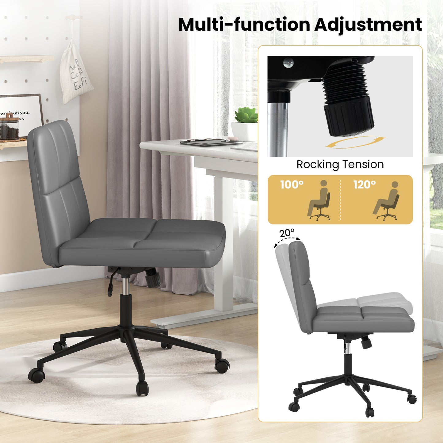 PU Leather Upholstered Cross-legged Office Chair with Wheels-Grey