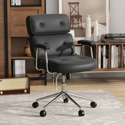 PU Leather Upholstered Desk Office Chair with Button Tufted Back-Black