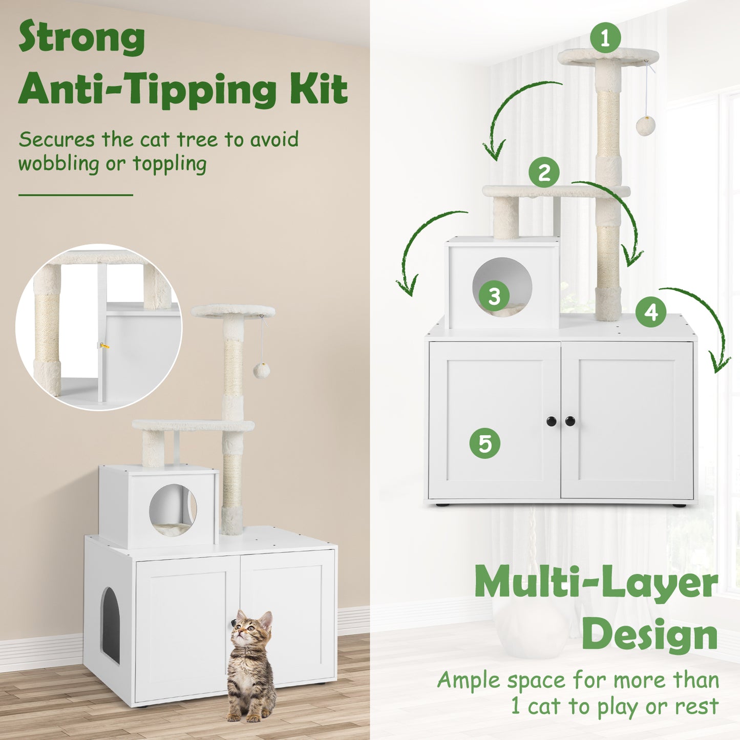 Cat Litter Box Enclosure with Cat Tree and Kitty Condo-White