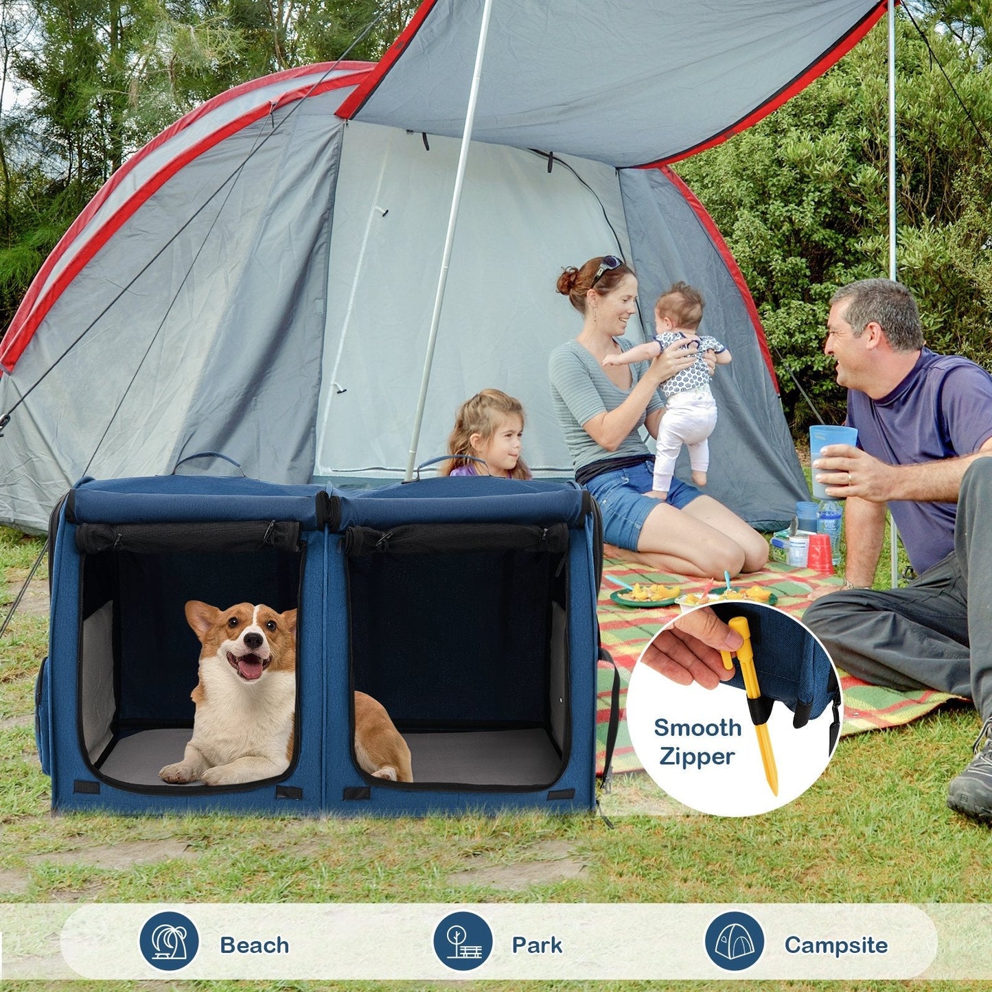 2 Compartments Pet Travel Carriers with Removable Hammocks and Mats-Navy