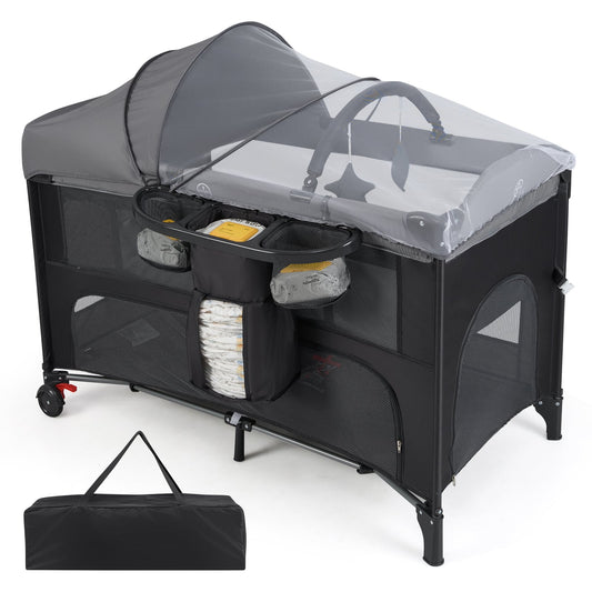 Foldable Pack and Play with 5 Adjustable Heights and Changing Table-Grey