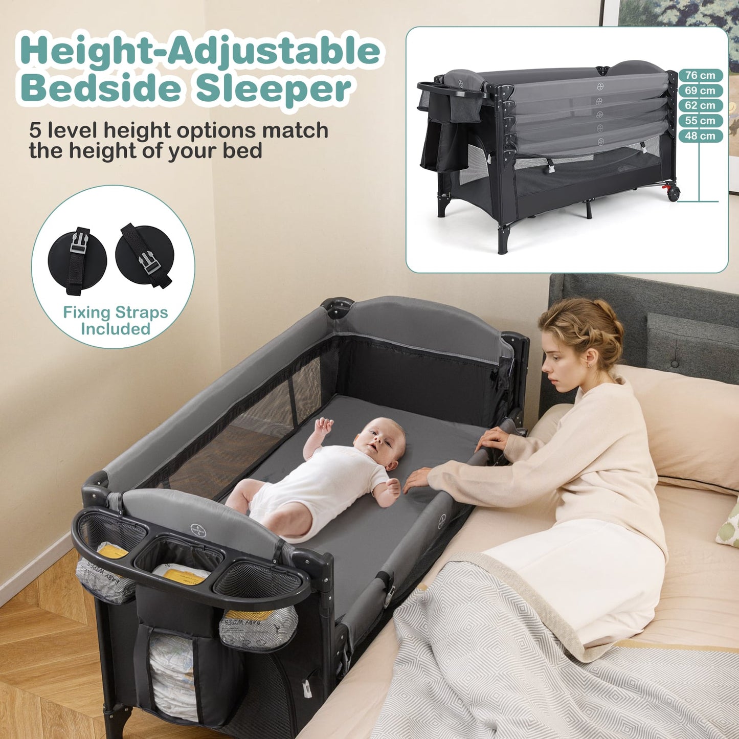 Foldable Pack and Play with 5 Adjustable Heights and Changing Table-Grey