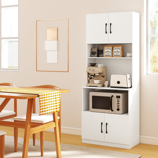 Pantry Cabinet with Power Outlets Freestanding Narrow Kitchen Hutch with 4 Doors-White