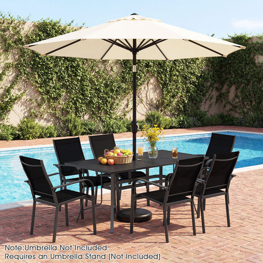 Patio Dining Table for 6 160CM Rectangle Metal Slat Table with Umbrella Hole-Black
