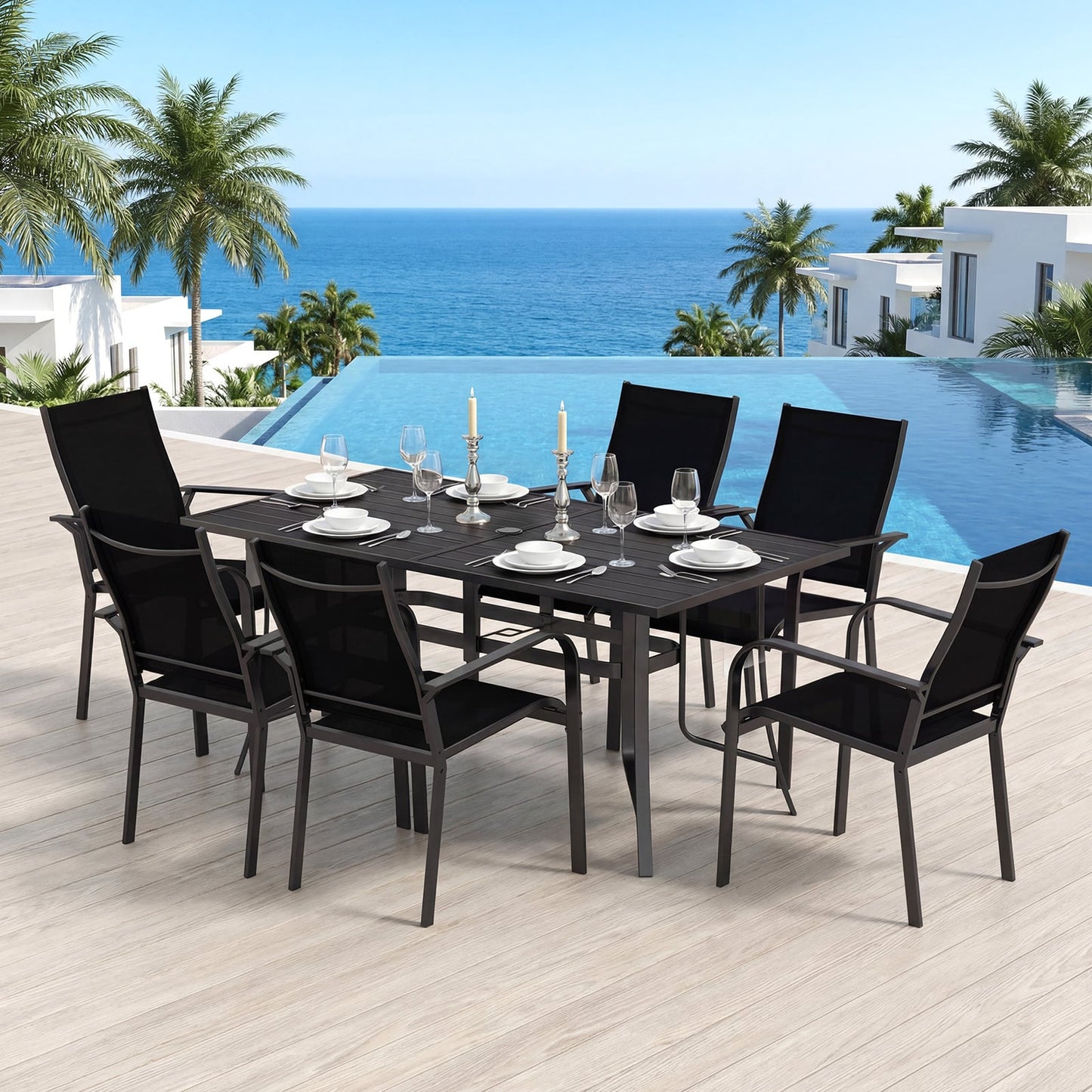 Patio Dining Table for 6 160CM Rectangle Metal Slat Table with Umbrella Hole-Black