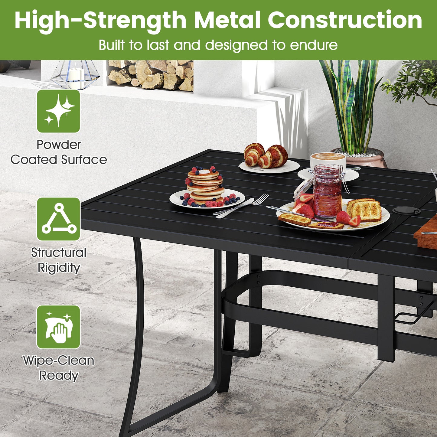 Patio Dining Table for 6 160CM Rectangle Metal Slat Table with Umbrella Hole-Black