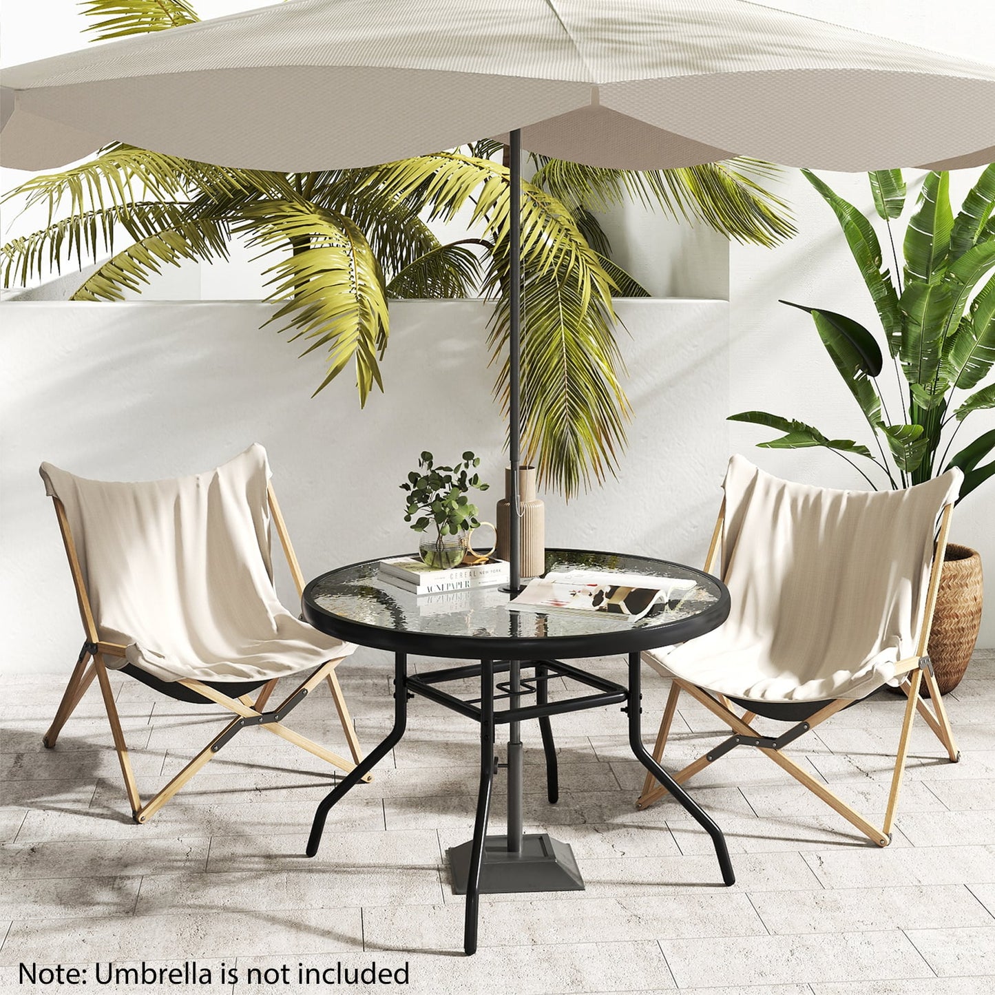 Patio Side Table Outdoor Round Bistro Table with Tempered Glass Top and Umbrella Hole