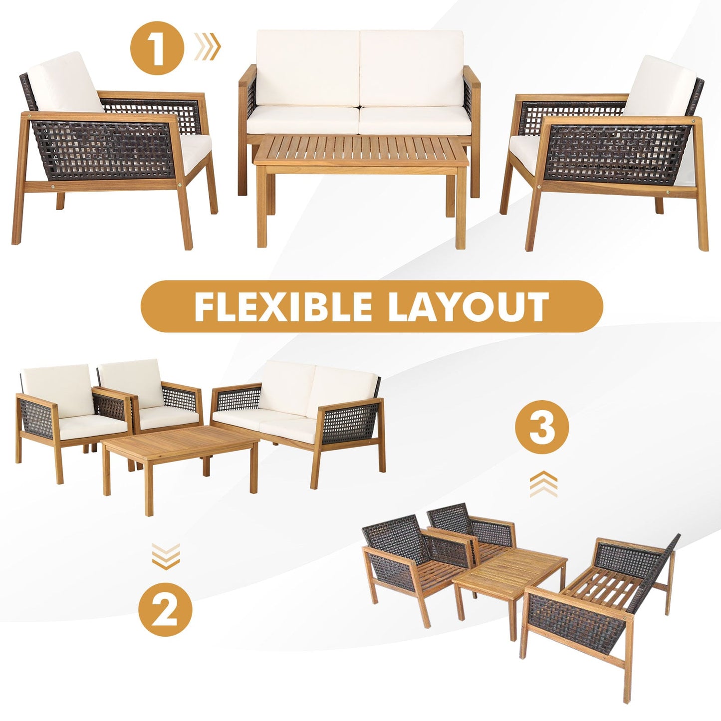 4-Piece Patio Acacia Wood Furniture Set with Removable Cushions-White