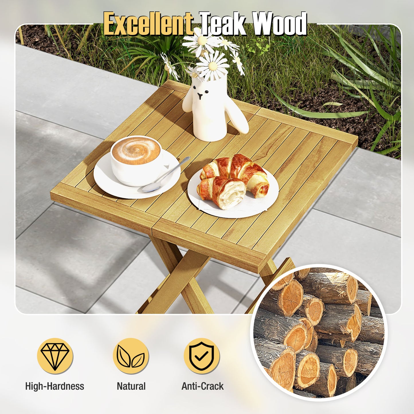 Patio Folding Teak Wood Square Coffee Table with X-shaped Legs