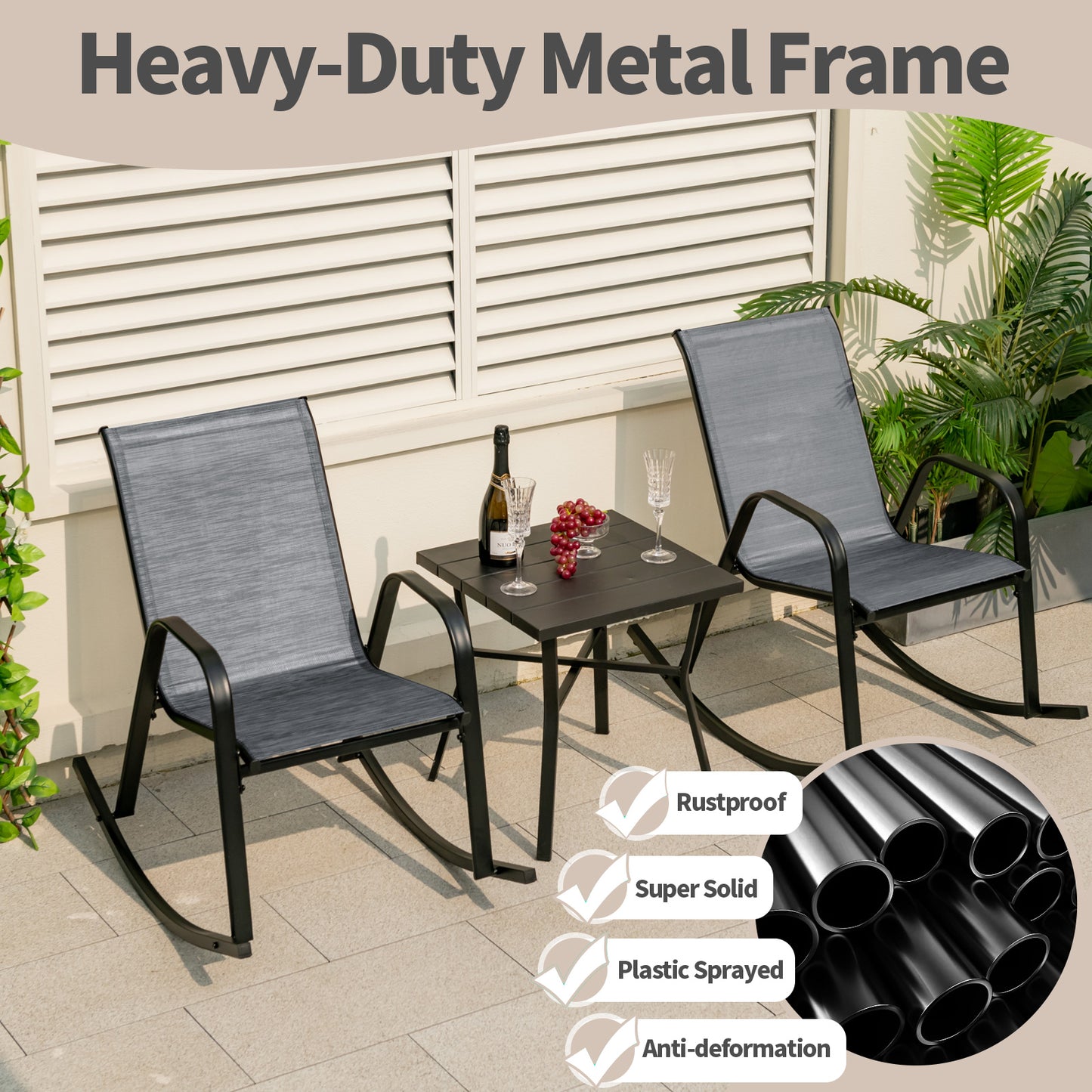 Patio Rocking Chair Set of 2 with Breathable Fabric Seat-Grey