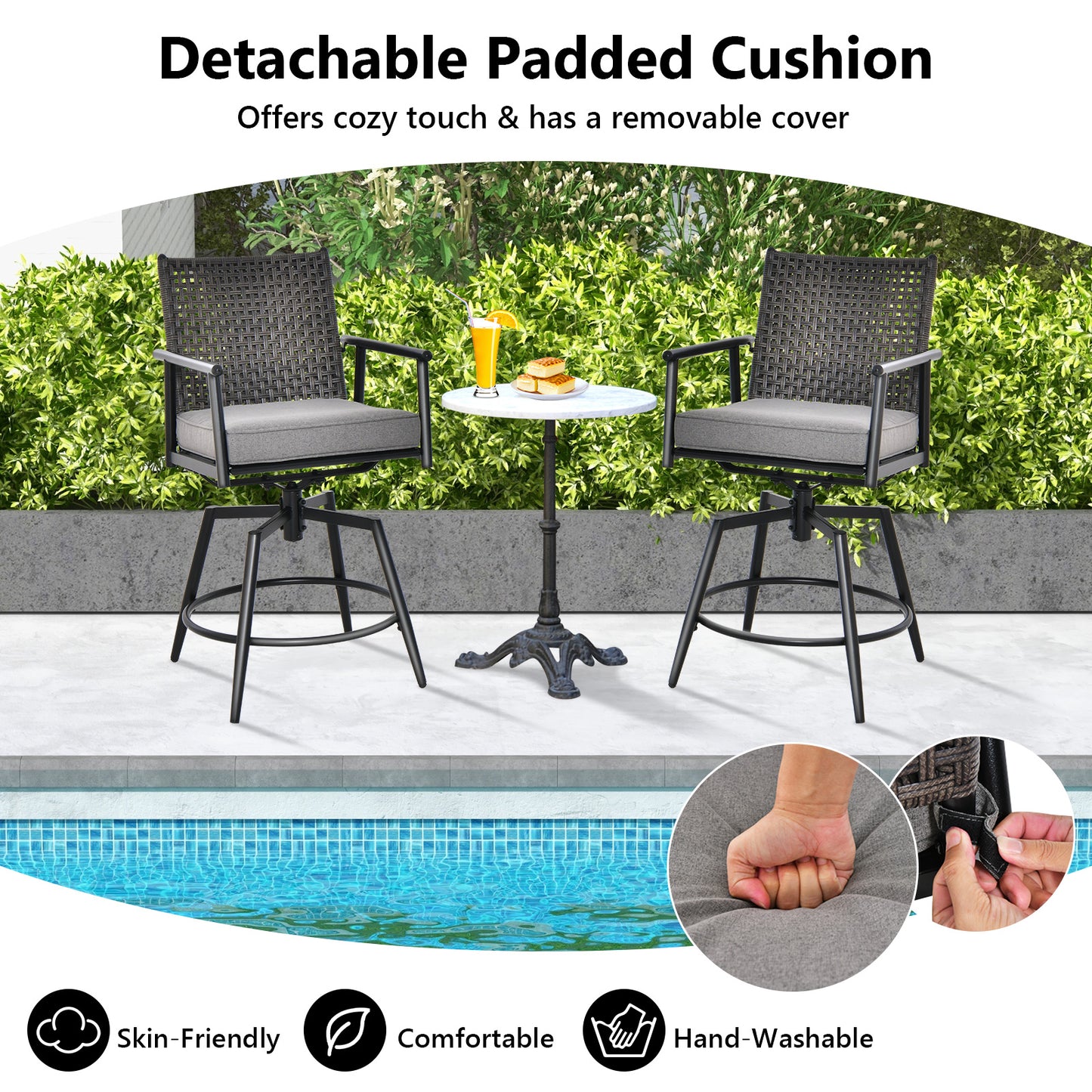 Patio Swivel Bar Stools Set of 2 with PE Rattan Back and Metal Frame-Black