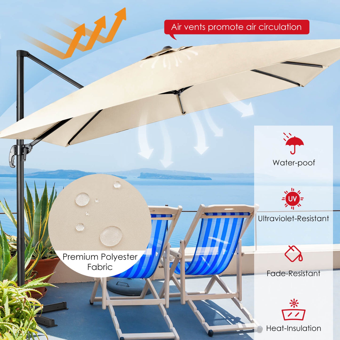 Patio Umbrella Square Offset with Cross Base and Tilt Adjustable-Beige
