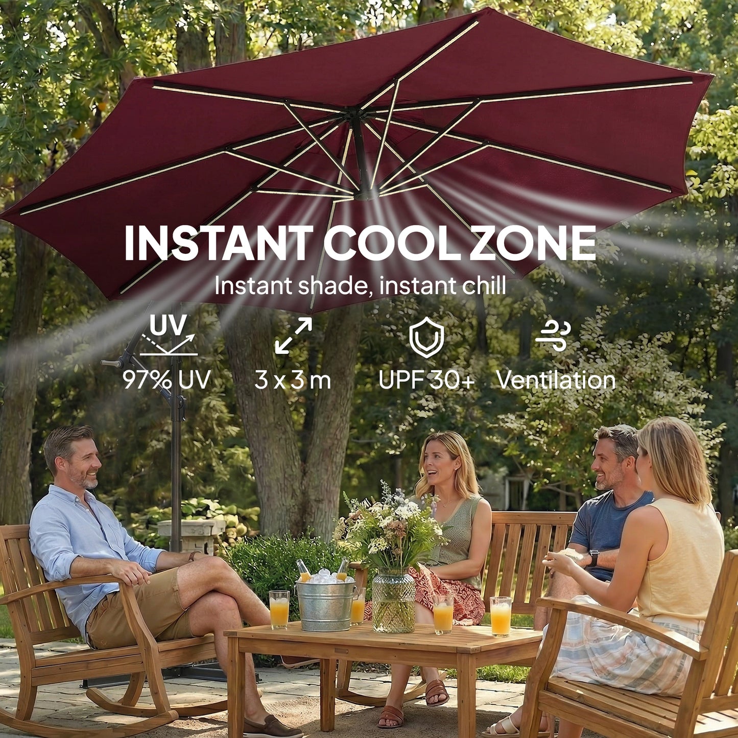 Outsunny 3 m Garden Cantilever Parasol with LED Solar Light, Round Overhanging Umbrella with 360° Rotation, Cover, Wine Red