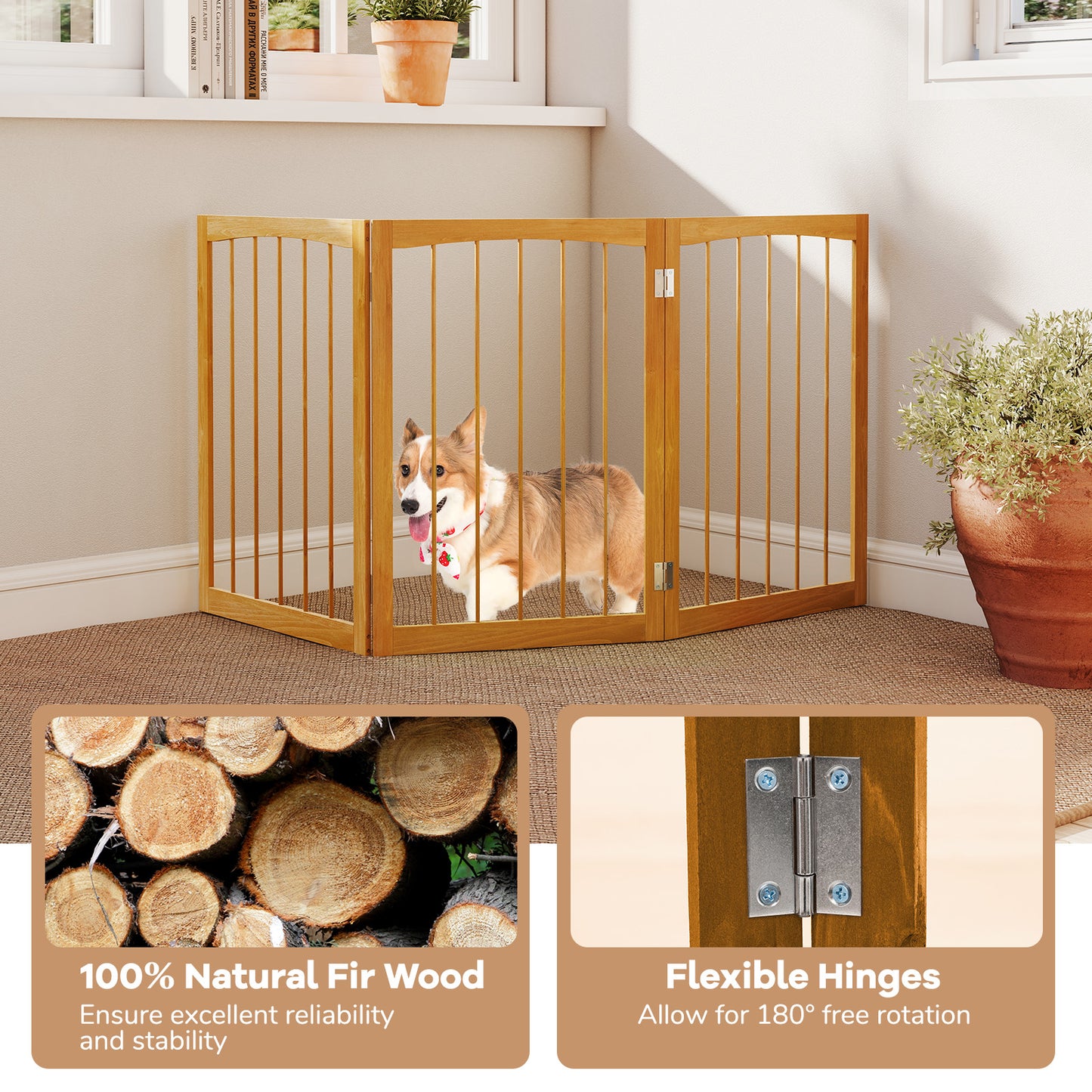 76 CM Tall Pet Gate Wooden Dog Fence 3-Panel Room Divider Barrier-Natural
