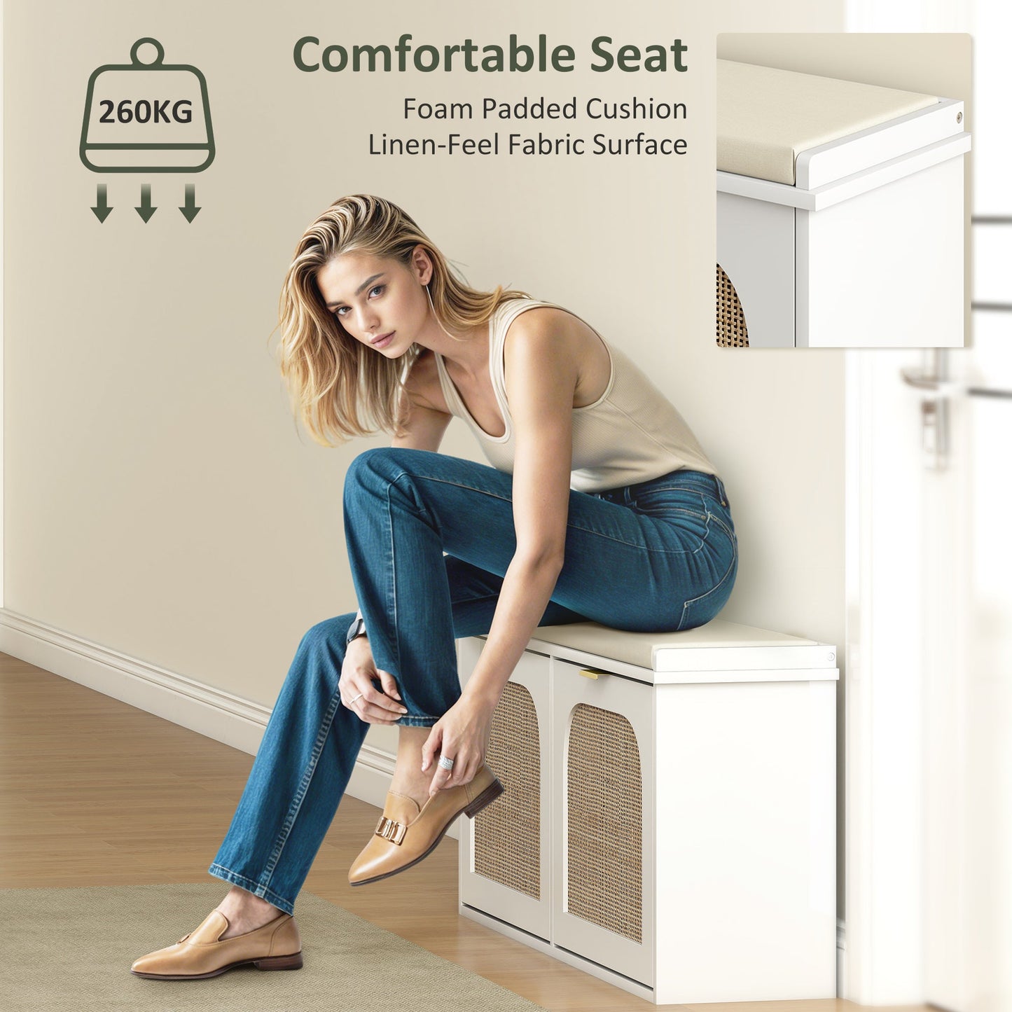 HOMCOM Boho Shoe Bench with Padded Seat and 2 Flip-Drawers - White