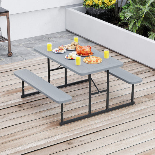 Picnic Table Bench Set with Umbrella Hole for 2-4 People-Grey