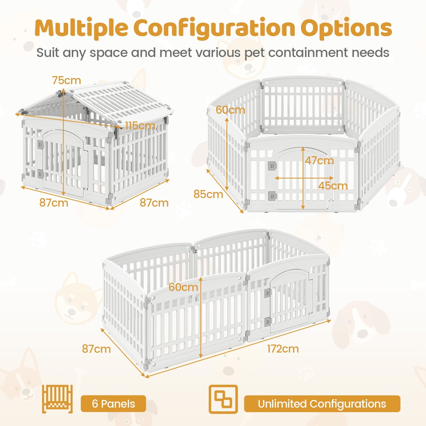 6-Panel 60cm Plastic Dog Playpen for Medium and Small Dogs-White